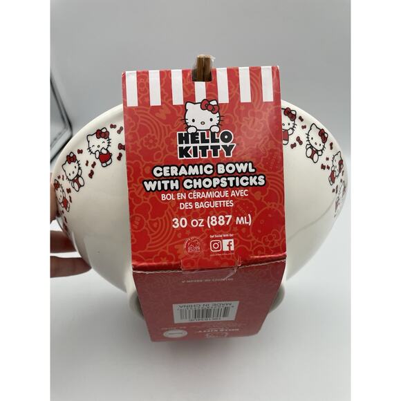 Hello Kitty Sanrio Red Bow Ceramic Bowl With Chopsticks New With Tags - Picture 5 of 9